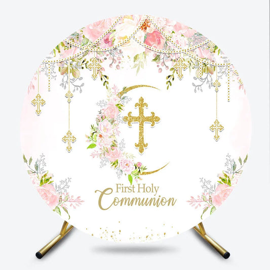 Lofaris Elegant Pink Watercolor Floral First Holy Communion Round Backdrop Gold Cross and Roses Decor for Religious Celebration