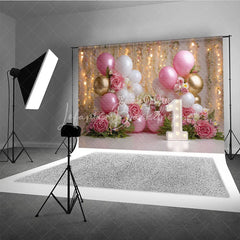 Lofaris Elegant Pink White Gold Balloons and Roses First Birthday Photography Backdrop Dreamy Bokeh Lights Party Decor