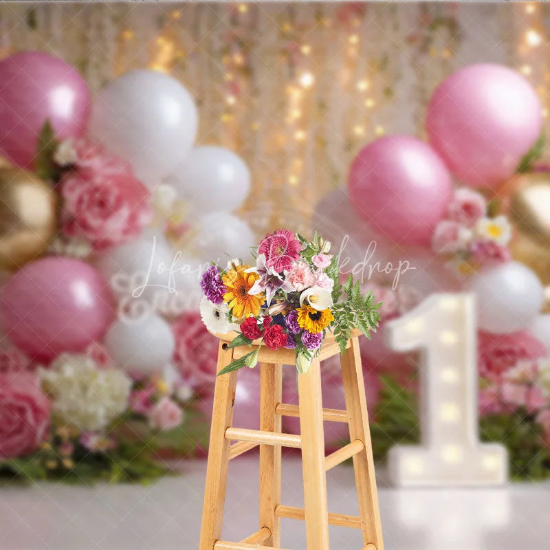 Lofaris Elegant Pink White Gold Balloons and Roses First Birthday Photography Backdrop Dreamy Bokeh Lights Party Decor