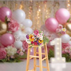 Lofaris Elegant Pink White Gold Balloons and Roses First Birthday Photography Backdrop Dreamy Bokeh Lights Party Decor