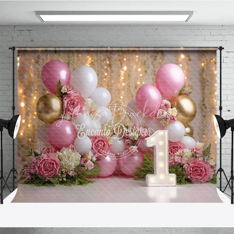 Lofaris Elegant Pink White Gold Balloons and Roses First Birthday Photography Backdrop Dreamy Bokeh Lights Party Decor