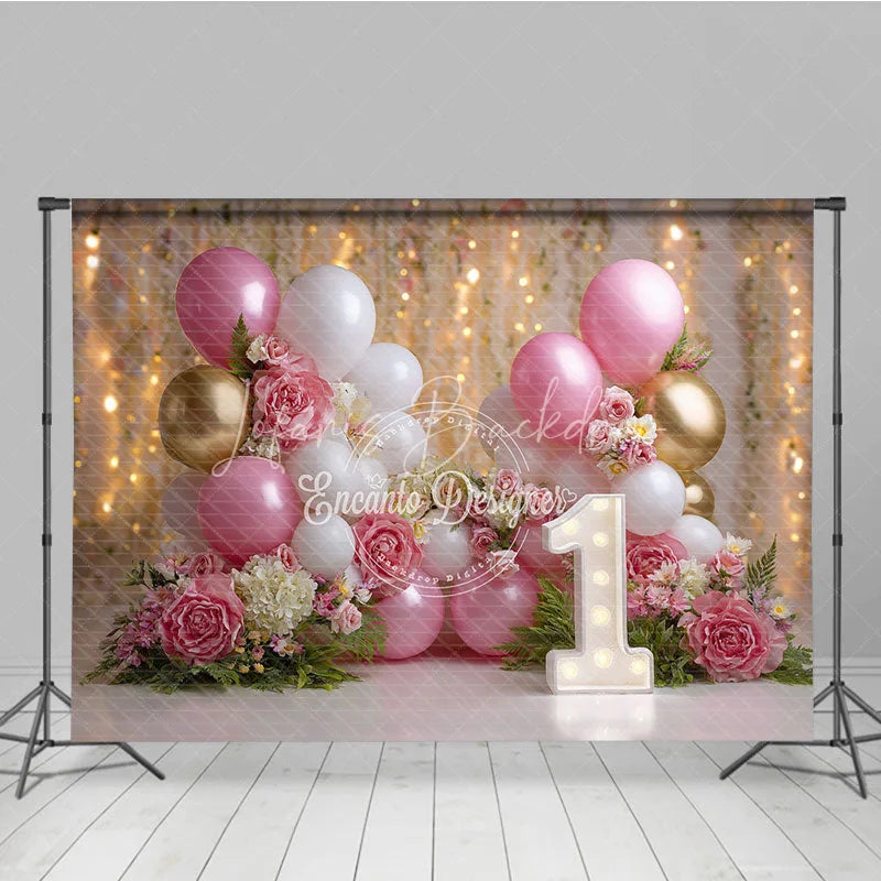 Lofaris Elegant Pink White Gold Balloons and Roses First Birthday Photography Backdrop Dreamy Bokeh Lights Party Decor