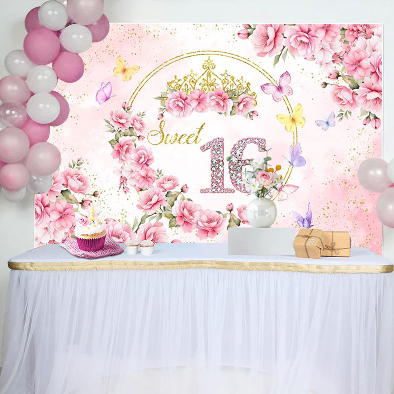 Lofaris Elegant Pinky Flowers Sweet 16 Birthday Backdrop