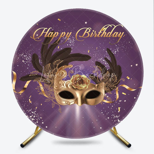 Lofaris Elegant Purple and Gold Masquerade Mask with Feather Rose Round Backdrop Happy Birthday Party Decor