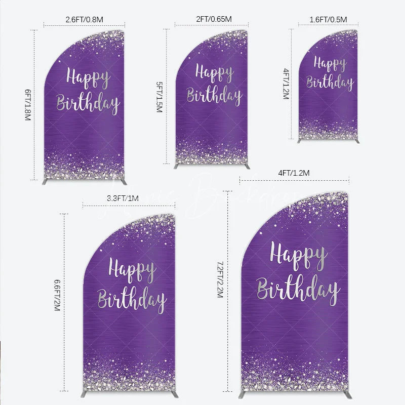 Lofaris Elegant Purple and Silver Glitter Happy Birthday Half Moon Arch Backdrop Sparkling Diamond Celebration Decor