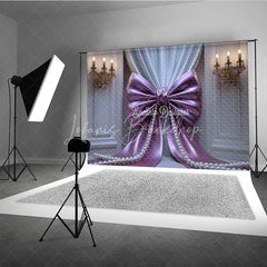Lofaris Elegant Purple Bow and Pearl Photography Backdrop Pleated Curtains Gold Chandeliers for Celebrations