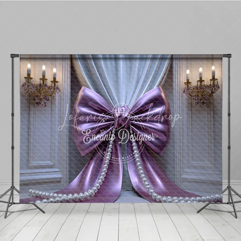 Lofaris Elegant Purple Bow and Pearl Photography Backdrop Pleated Curtains Gold Chandeliers for Celebrations