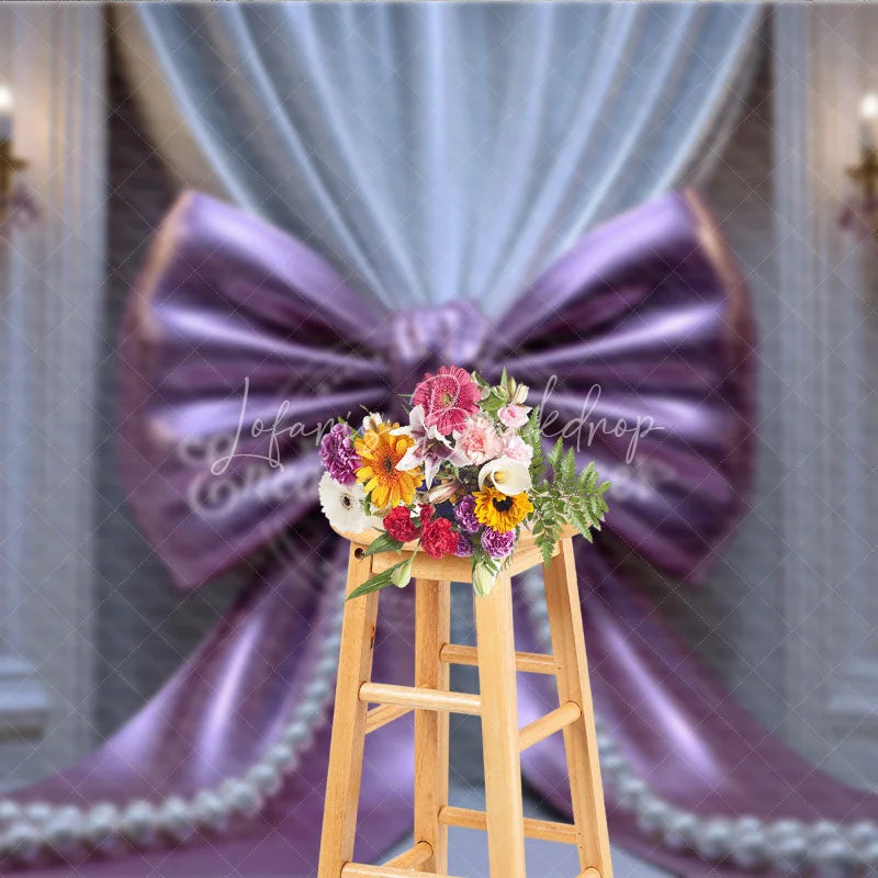 Lofaris Elegant Purple Bow and Pearl Photography Backdrop Pleated Curtains Gold Chandeliers for Celebrations