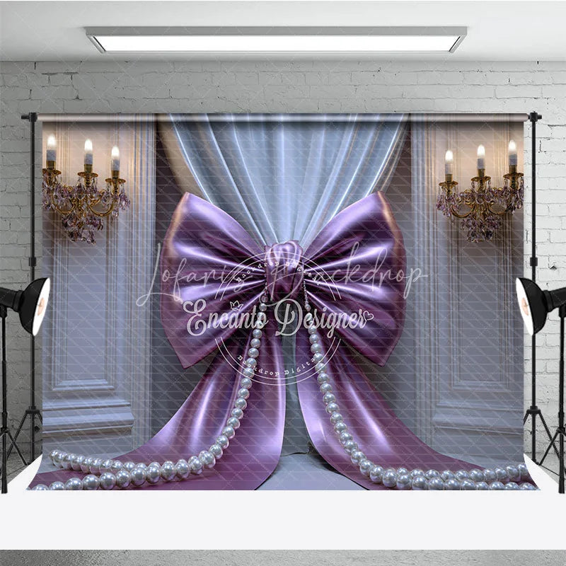Lofaris Elegant Purple Bow and Pearl Photography Backdrop Pleated Curtains Gold Chandeliers for Celebrations