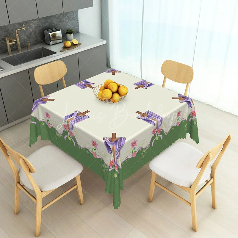 Lofaris Elegant Purple Draped Cross and Lily Rectangle Tablecloth Green Border Easter Religious Celebration Decor