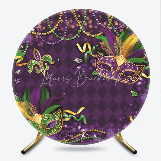 Lofaris Elegant Purple Green Gold Mardi Gras Masquerade Masks with Feather Beads Round Backdrop Festive Carnival Party Decor