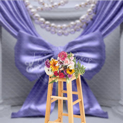 Lofaris Elegant Purple Satin Bow Drapes Photography Backdrop White Columns Pearl Gold Bead Strands Luxurious Party Decor