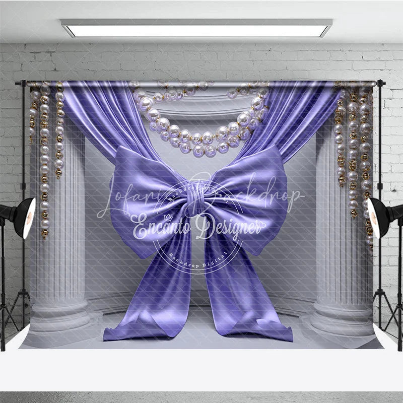 Lofaris Elegant Purple Satin Bow Drapes Photography Backdrop White Columns Pearl Gold Bead Strands Luxurious Party Decor
