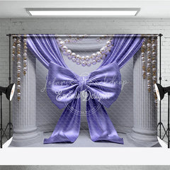 Lofaris Elegant Purple Satin Bow Drapes Photography Backdrop White Columns Pearl Gold Bead Strands Luxurious Party Decor