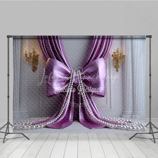 Lofaris Elegant Purple Satin Drapes Photography Backdrop with Gold Sconces and White Pearls Royal Princess Party Decor