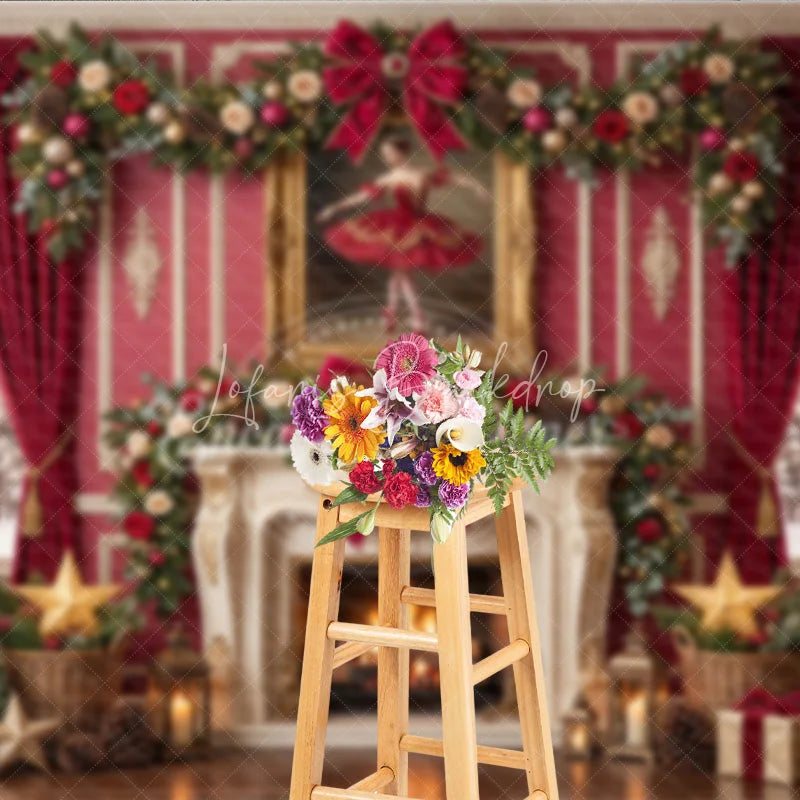 Lofaris Elegant Red and Gold Christmas Holiday Backdrop Fireplace Decorated Trees Ballerina Painting for Festive Parties