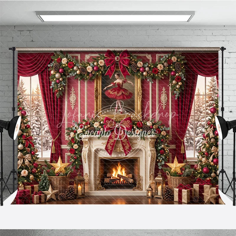 Lofaris Elegant Red and Gold Christmas Holiday Backdrop Fireplace Decorated Trees Ballerina Painting for Festive Parties