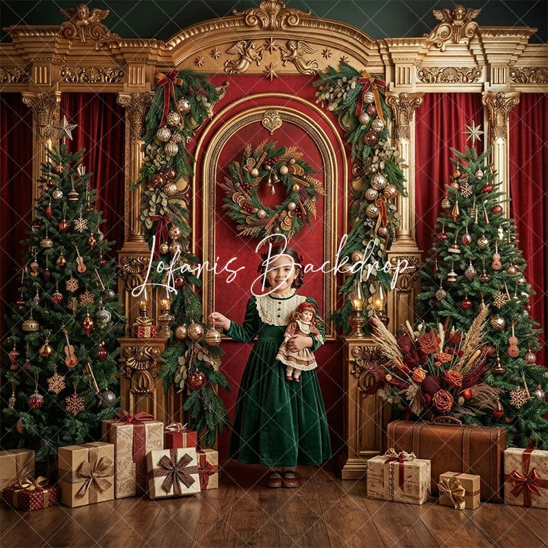 Lofaris Elegant Red and Gold Christmas Tree Wreath Gifts Combo Set Backdrop Festive Holiday Party Decor