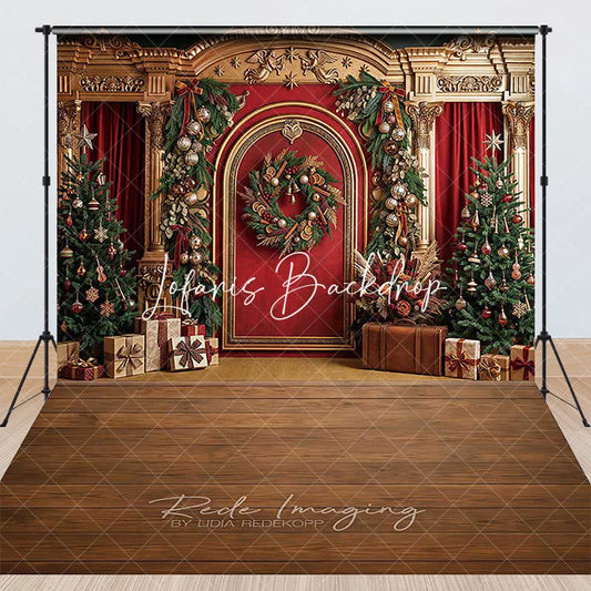Lofaris Elegant Red and Gold Christmas Tree Wreath Gifts Combo Set Backdrop Festive Holiday Party Decor