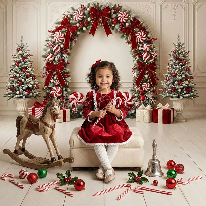 Lofaris Elegant Red and White Christmas Wreath Combo Set Backdrop featuring Candy Canes Gift Boxes Trees
