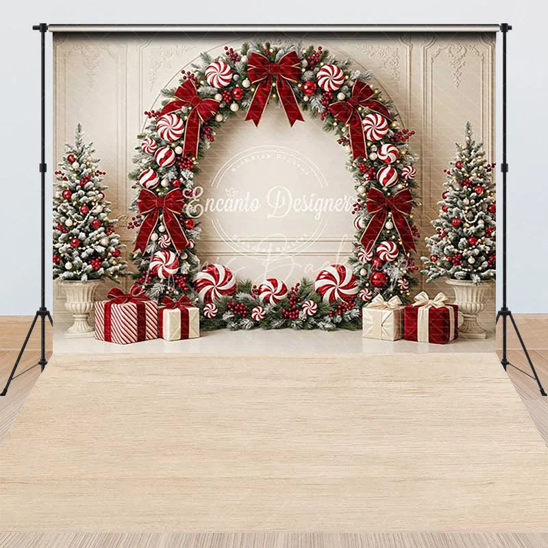 Lofaris Elegant Red and White Christmas Wreath Combo Set Backdrop featuring Candy Canes Gift Boxes Trees