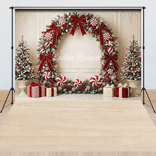 Lofaris Elegant Red and White Christmas Wreath Combo Set Backdrop featuring Candy Canes Gift Boxes Trees