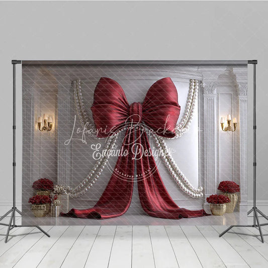 Lofaris Elegant Red Bow and Pearl Photography Backdrop Classic White Wall with Gold Decor for Celebrations