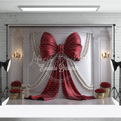 Lofaris Elegant Red Bow and Pearl Photography Backdrop Classic White Wall with Gold Decor for Celebrations