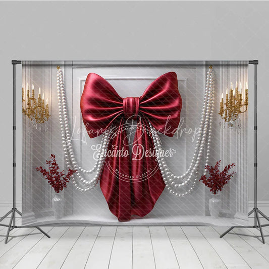 Lofaris Elegant Red Bow and Pearl Photography Backdrop Luxurious White Mantelpiece for Festive Celebrations