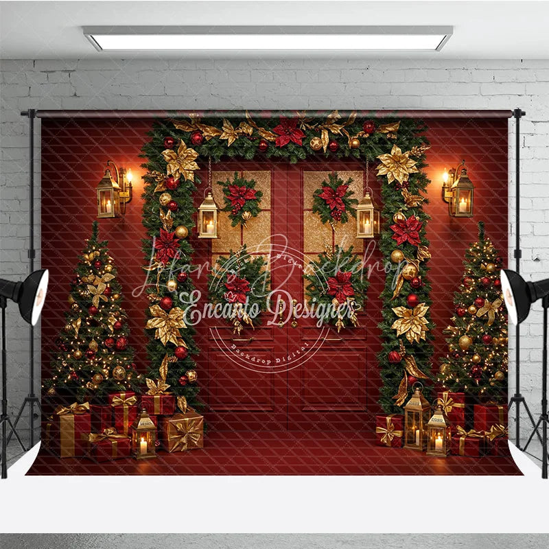 Lofaris Elegant Red Christmas Door Photography Backdrop and Gold Poinsettia Garland Luxury Holiday Photo Background