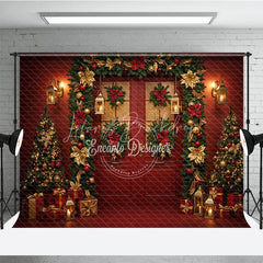 Lofaris Elegant Red Christmas Door Photography Backdrop and Gold Poinsettia Garland Luxury Holiday Photo Background