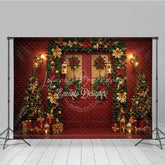 Lofaris Elegant Red Christmas Door Photography Backdrop and Gold Poinsettia Garland Luxury Holiday Photo Background
