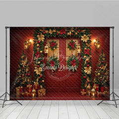 Lofaris Elegant Red Christmas Door Photography Backdrop and Gold Poinsettia Garland Luxury Holiday Photo Background