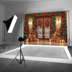 Lofaris Elegant Red Christmas Door Photography Backdrop Snowy Scene with Garland and Trees Holiday Mini Session Background
