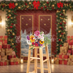 Lofaris Elegant Red Christmas Door Photography Backdrop Snowy Scene with Garland and Trees Holiday Mini Session Background