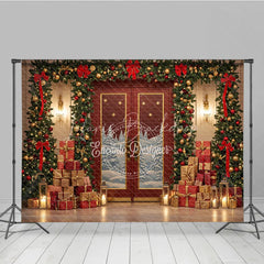 Lofaris Elegant Red Christmas Door Photography Backdrop Snowy Scene with Garland and Trees Holiday Mini Session Background