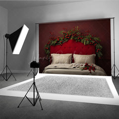 Lofaris Elegant Red Christmas Headboard Photography Backdrop Tufted Bed with Berry Garland Moody Holiday Bedroom Prop