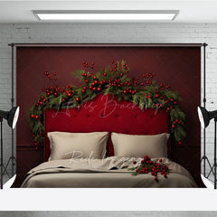 Lofaris Elegant Red Christmas Headboard Photography Backdrop Tufted Bed with Berry Garland Moody Holiday Bedroom Prop