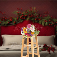 Lofaris Elegant Red Christmas Headboard Photography Backdrop Tufted Bed with Berry Garland Moody Holiday Bedroom Prop