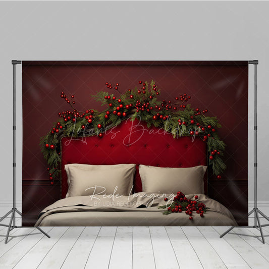 Lofaris Elegant Red Christmas Headboard Photography Backdrop Tufted Bed with Berry Garland Moody Holiday Bedroom Prop