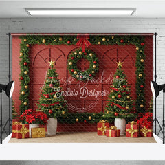 Lofaris Elegant Red Christmas Wall Photography Backdrop Garland Frame with Trees Traditional Holiday Photo Background