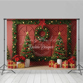 Lofaris Elegant Red Christmas Wall Photography Backdrop Garland Frame with Trees Traditional Holiday Photo Background