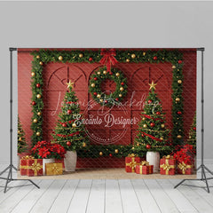 Lofaris Elegant Red Christmas Wall Photography Backdrop Garland Frame with Trees Traditional Holiday Photo Background