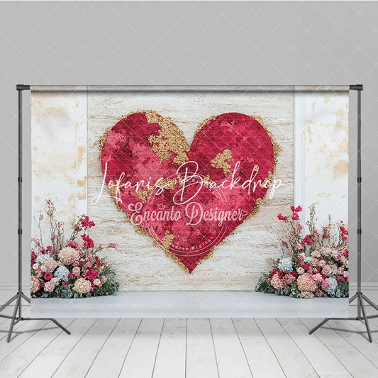 Lofaris Elegant Red Gold Glitter Heart and Floral Photography Backdrop Romantic Valentine’s Day Wedding Celebration Decor