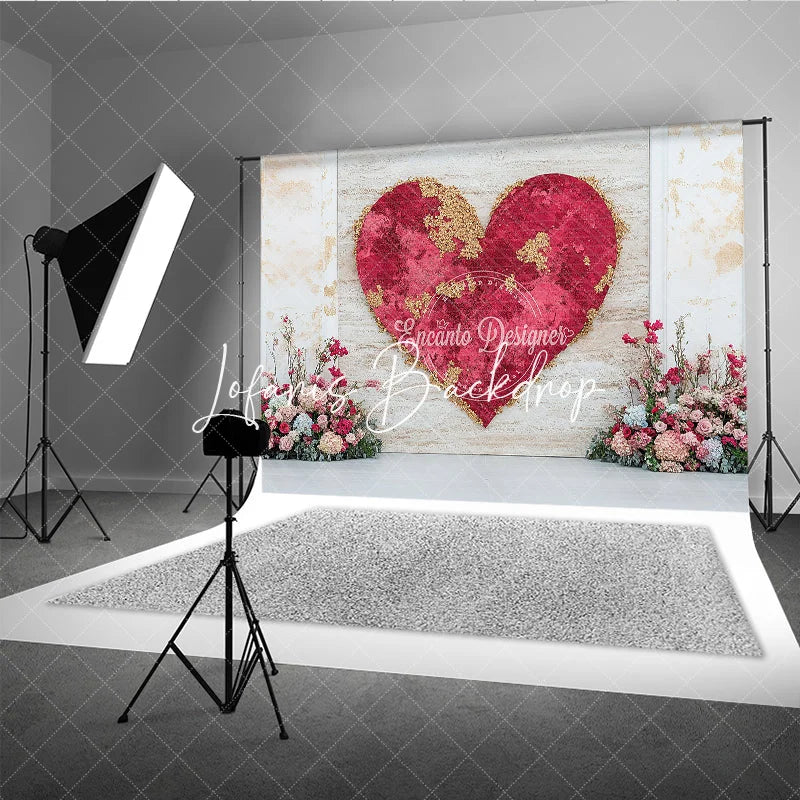 Lofaris Elegant Red Gold Glitter Heart and Floral Photography Backdrop Romantic Valentine’s Day Wedding Celebration Decor
