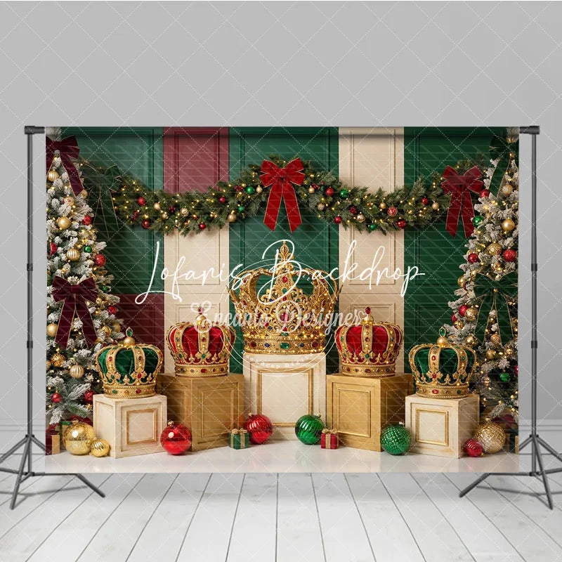 Lofaris Elegant Red Green Gold Christmas Tree and Royal Crown Holiday Backdrop Festive Celebration Decor