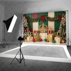 Lofaris Elegant Red Green Gold Christmas Tree and Royal Crown Holiday Backdrop Festive Celebration Decor