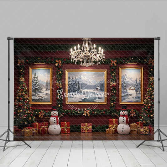 Lofaris Elegant Red Room Christmas Photography Backdrop Snowmen and Chandelier Traditional Holiday Photo Background