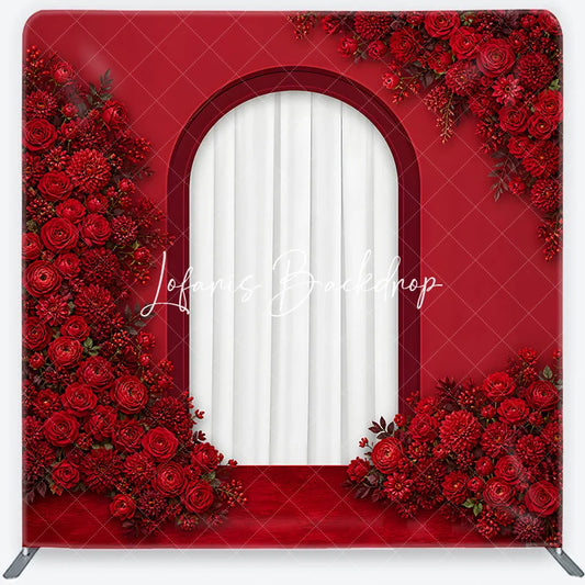 Lofaris Elegant Red Roses and Dahlias Arched Window Square Double-Sided Backdrop Romantic Floral Celebration Decor for Weddings