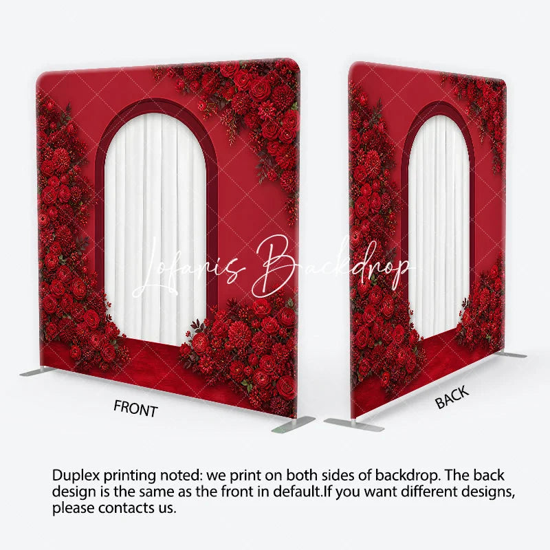 Lofaris Elegant Red Roses and Dahlias Arched Window Square Double-Sided Backdrop Romantic Floral Celebration Decor for Weddings